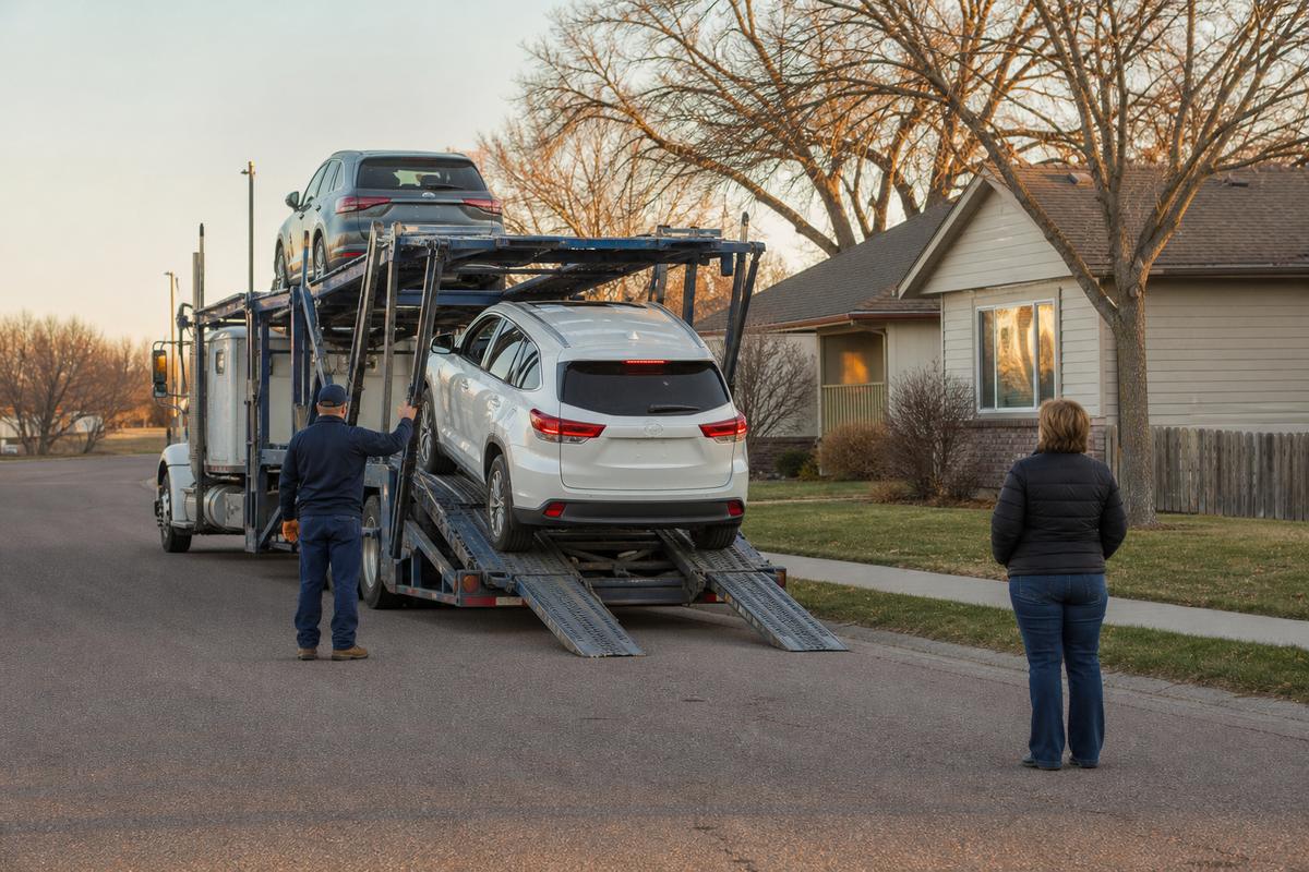Car delivery in Minot An SUV being driven down the ramps off an open carrier at delivery