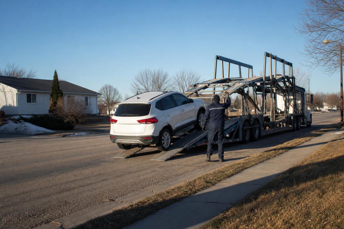 Car pickup in Minot An SUV being driven up the ramps onto an open carrier at the curb
