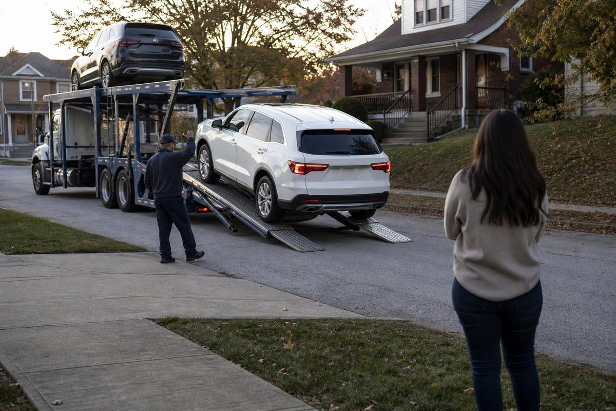 An SUV being driven down the ramps off an open carrier at delivery