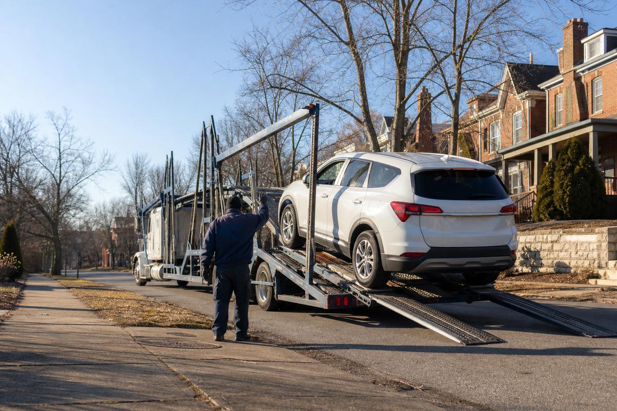 An SUV being driven up the ramps onto an open carrier at the curb