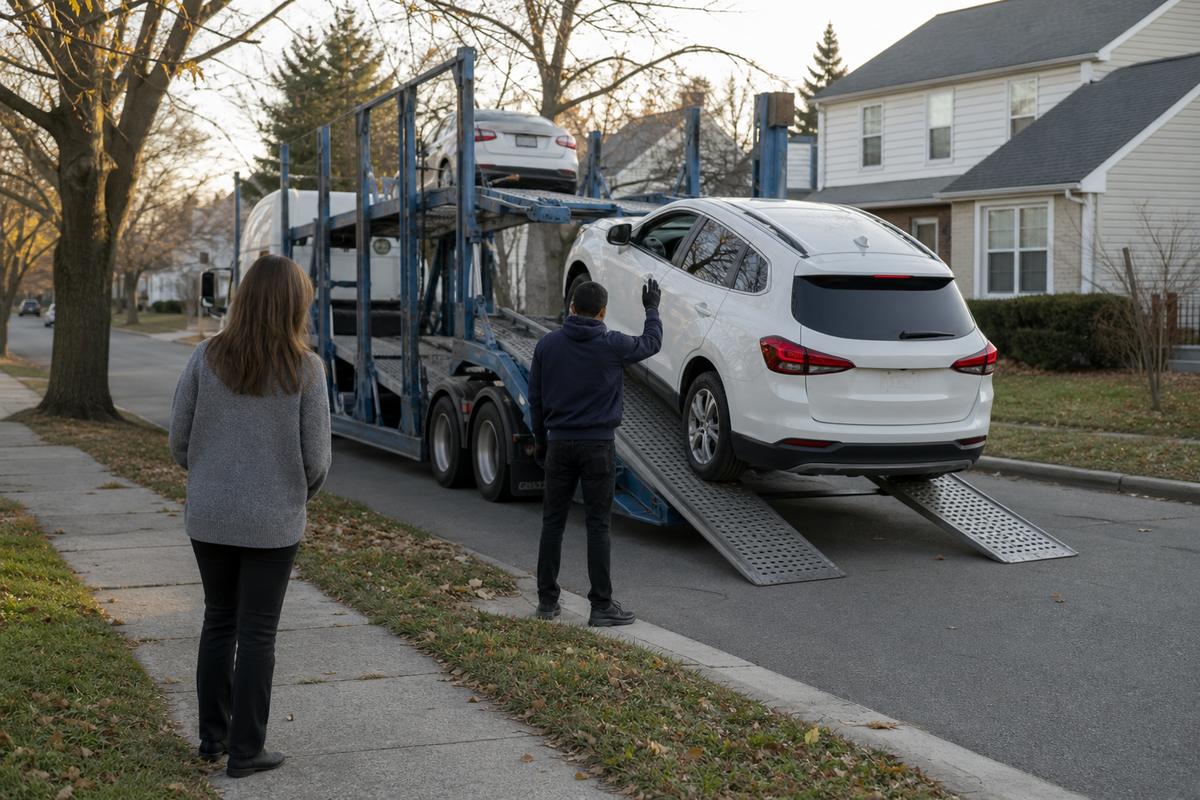 An SUV being driven down the ramps off an open carrier at delivery