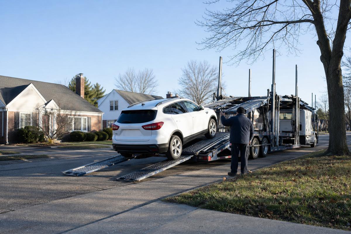 An SUV being driven up the ramps onto an open carrier at the curb
