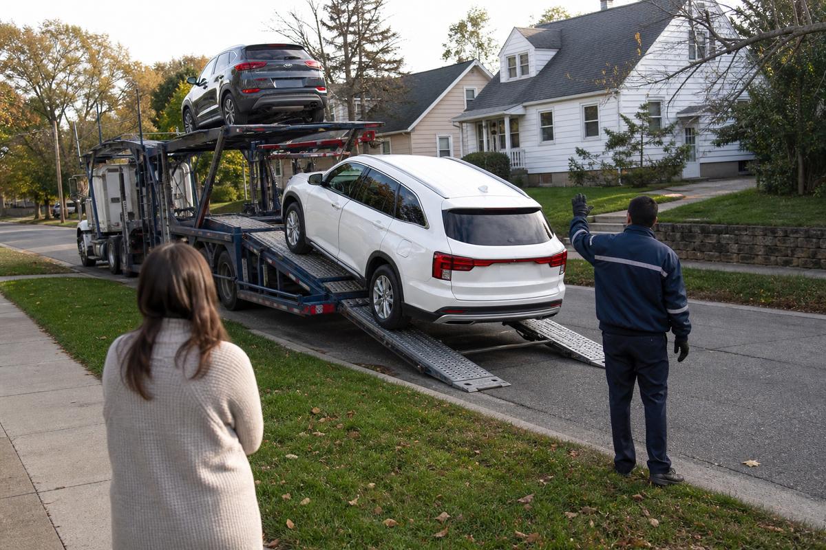 Car delivery in Dayton An SUV being driven down the ramps off an open carrier at delivery