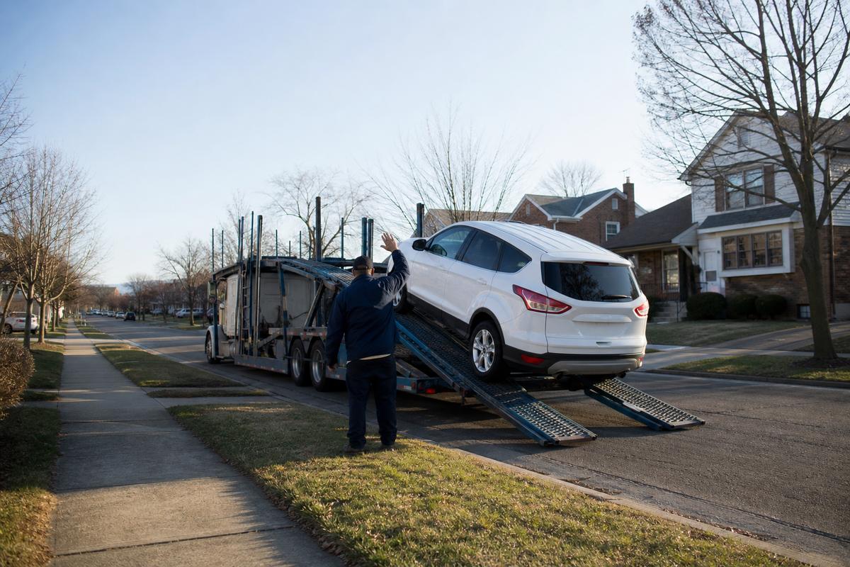 Car pickup in Dayton An SUV being driven up the ramps onto an open carrier at the curb