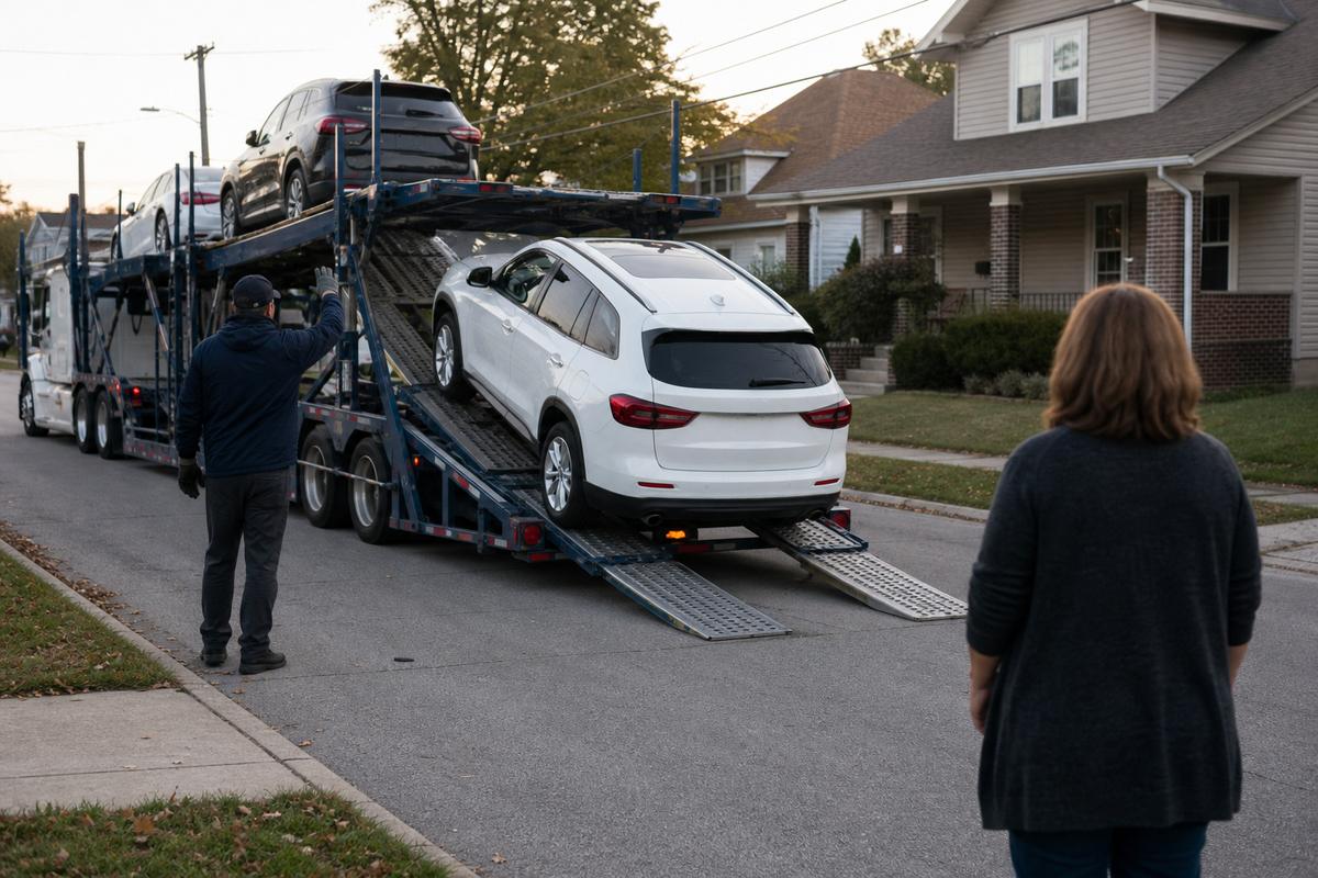 An SUV being driven down the ramps off an open carrier at delivery