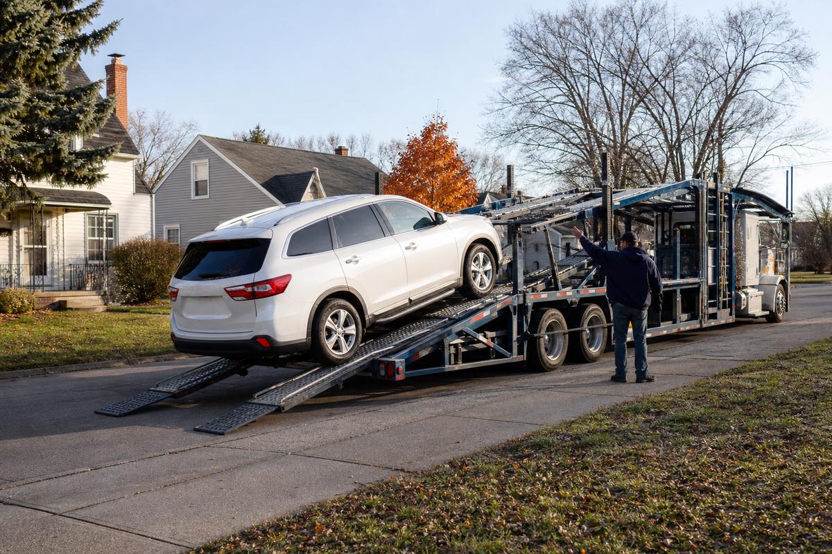 An SUV being driven up the ramps onto an open carrier at the curb