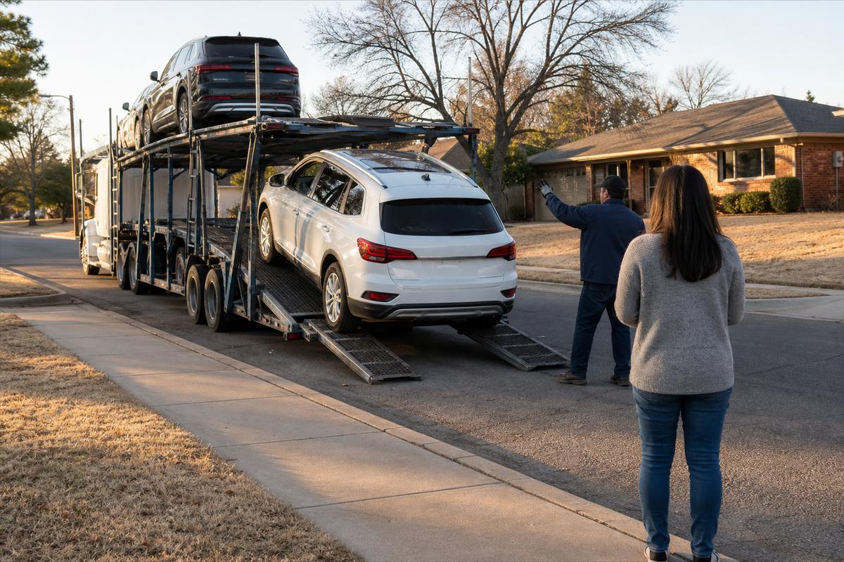 An SUV being driven down the ramps off an open carrier at delivery