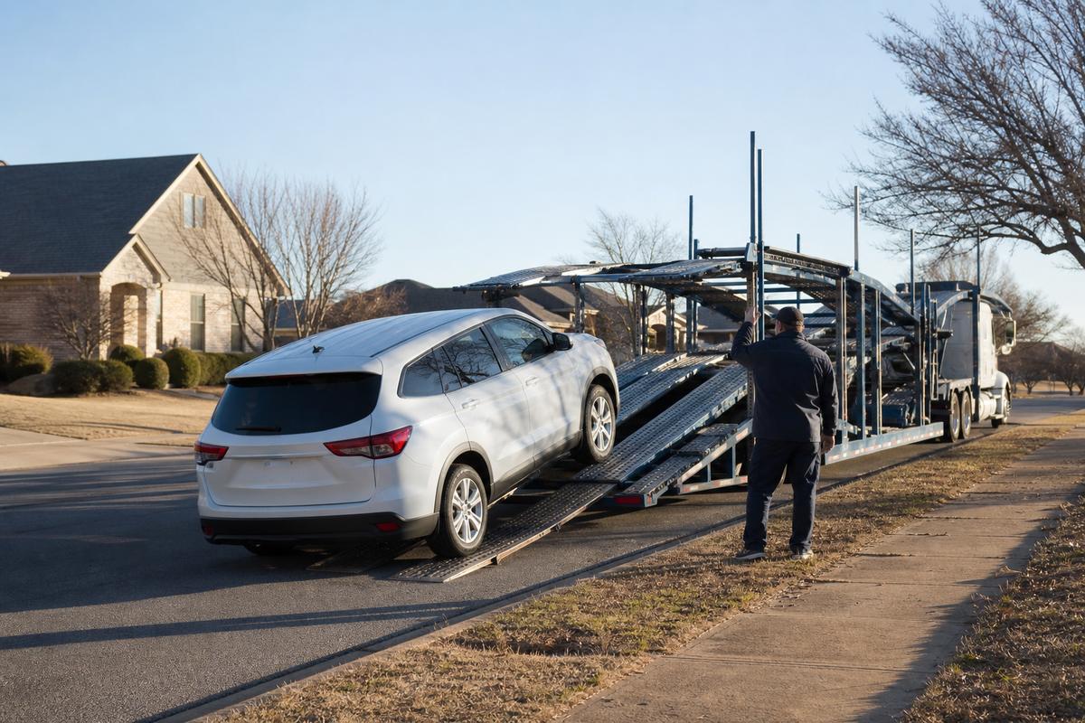 An SUV being driven up the ramps onto an open carrier at the curb