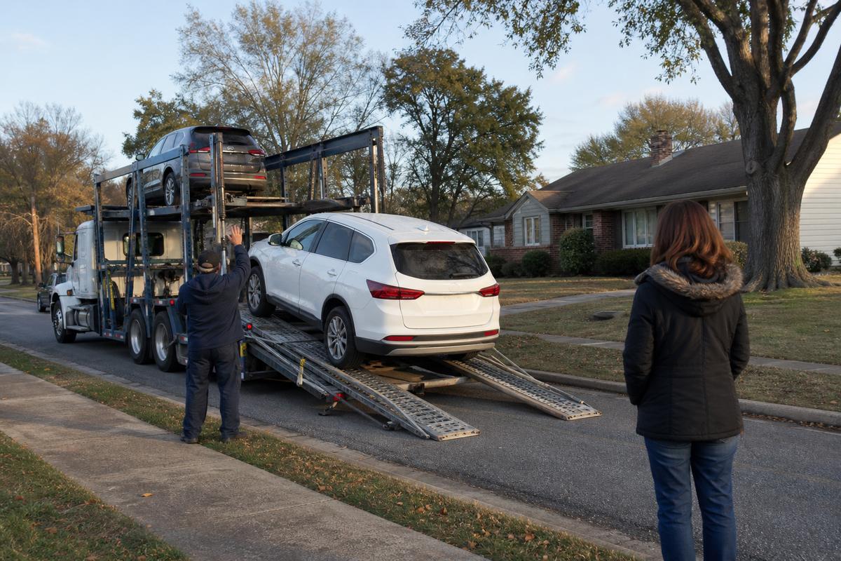 An SUV being driven down the ramps off an open carrier at delivery