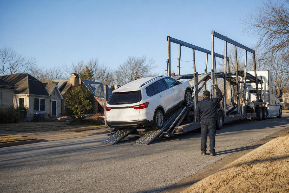An SUV being driven up the ramps onto an open carrier at the curb