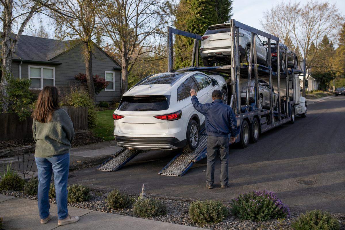 Car delivery in Eugene An SUV being driven down the ramps off an open carrier at delivery