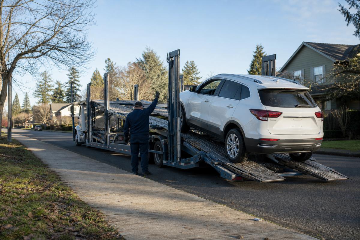 Car pickup in Eugene An SUV being driven up the ramps onto an open carrier at the curb