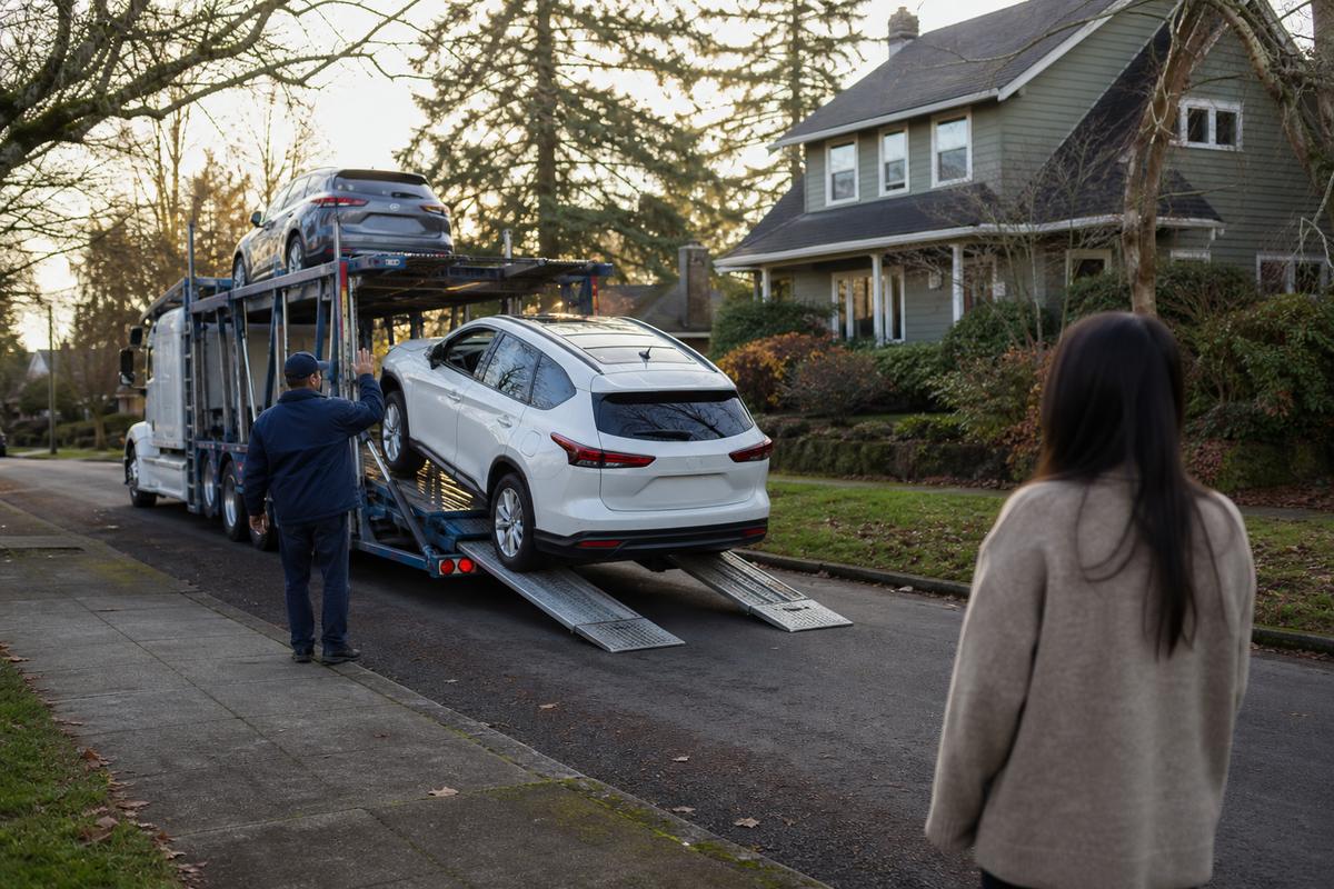 Car delivery in Portland An SUV being driven down the ramps off an open carrier at delivery