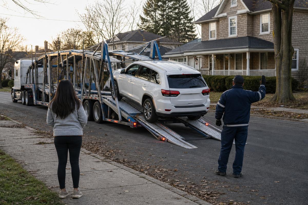 Car delivery in Allentown An SUV being driven down the ramps off an open carrier at delivery