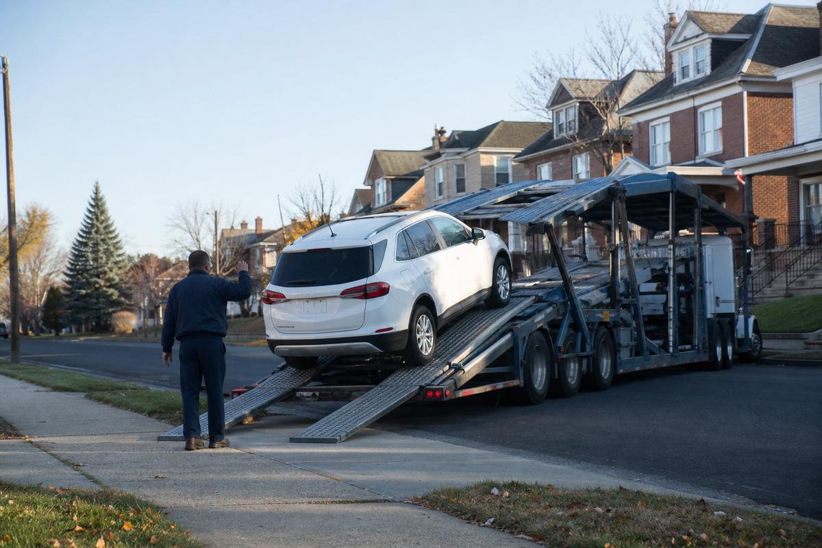 Car pickup in Allentown An SUV being driven up the ramps onto an open carrier at the curb