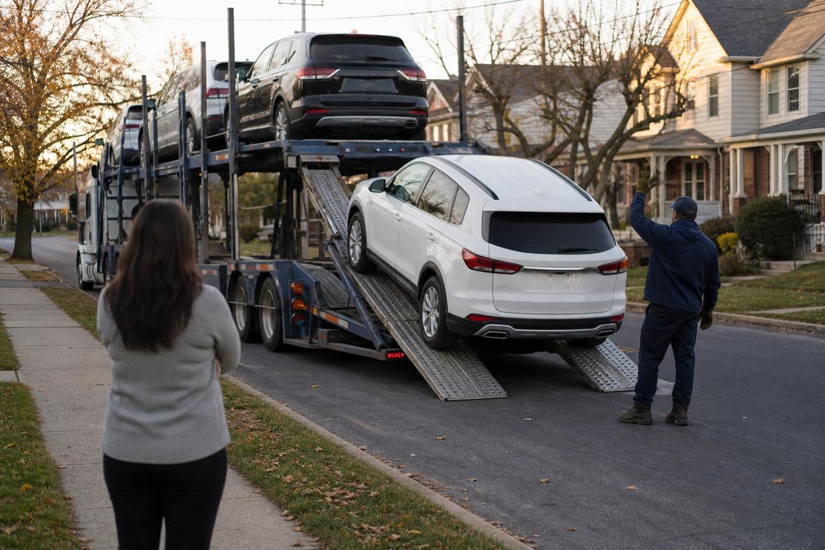 An SUV being driven down the ramps off an open carrier at delivery