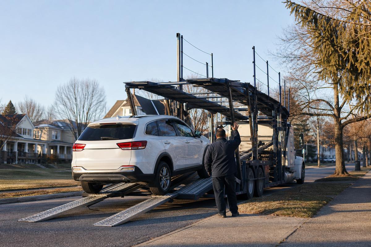 An SUV being driven up the ramps onto an open carrier at the curb