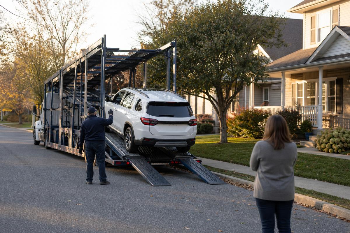 An SUV being driven down the ramps off an open carrier at delivery