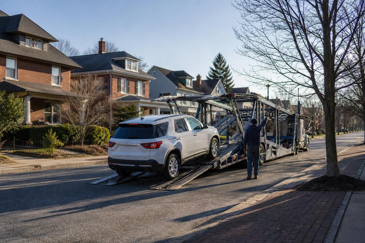 An SUV being driven up the ramps onto an open carrier at the curb