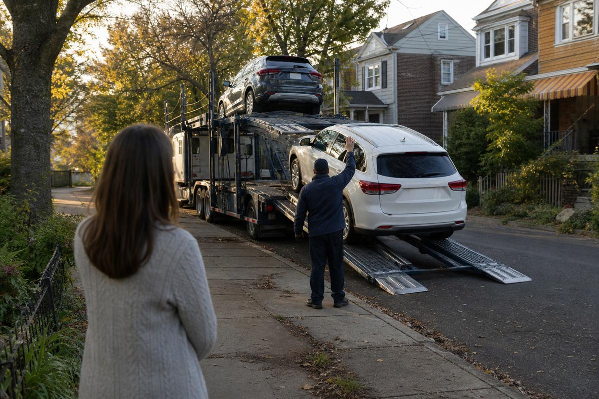 An SUV being driven down the ramps off an open carrier at delivery