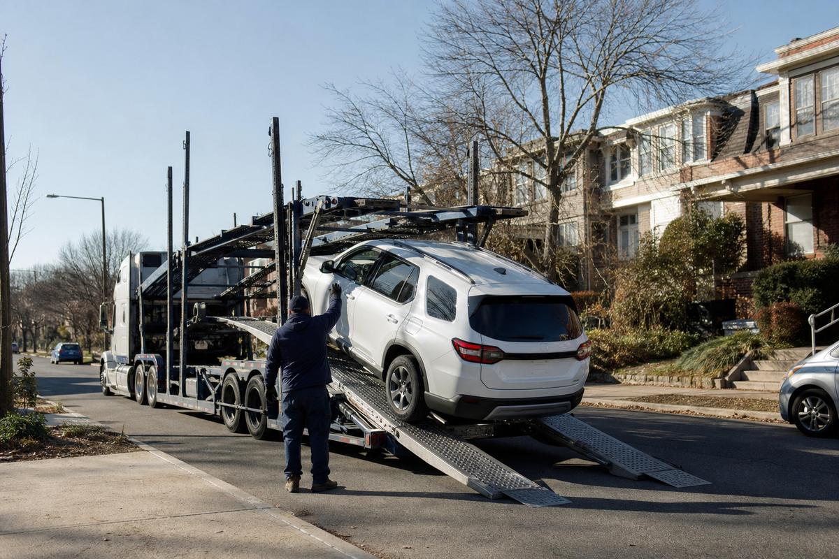 An SUV being driven up the ramps onto an open carrier at the curb