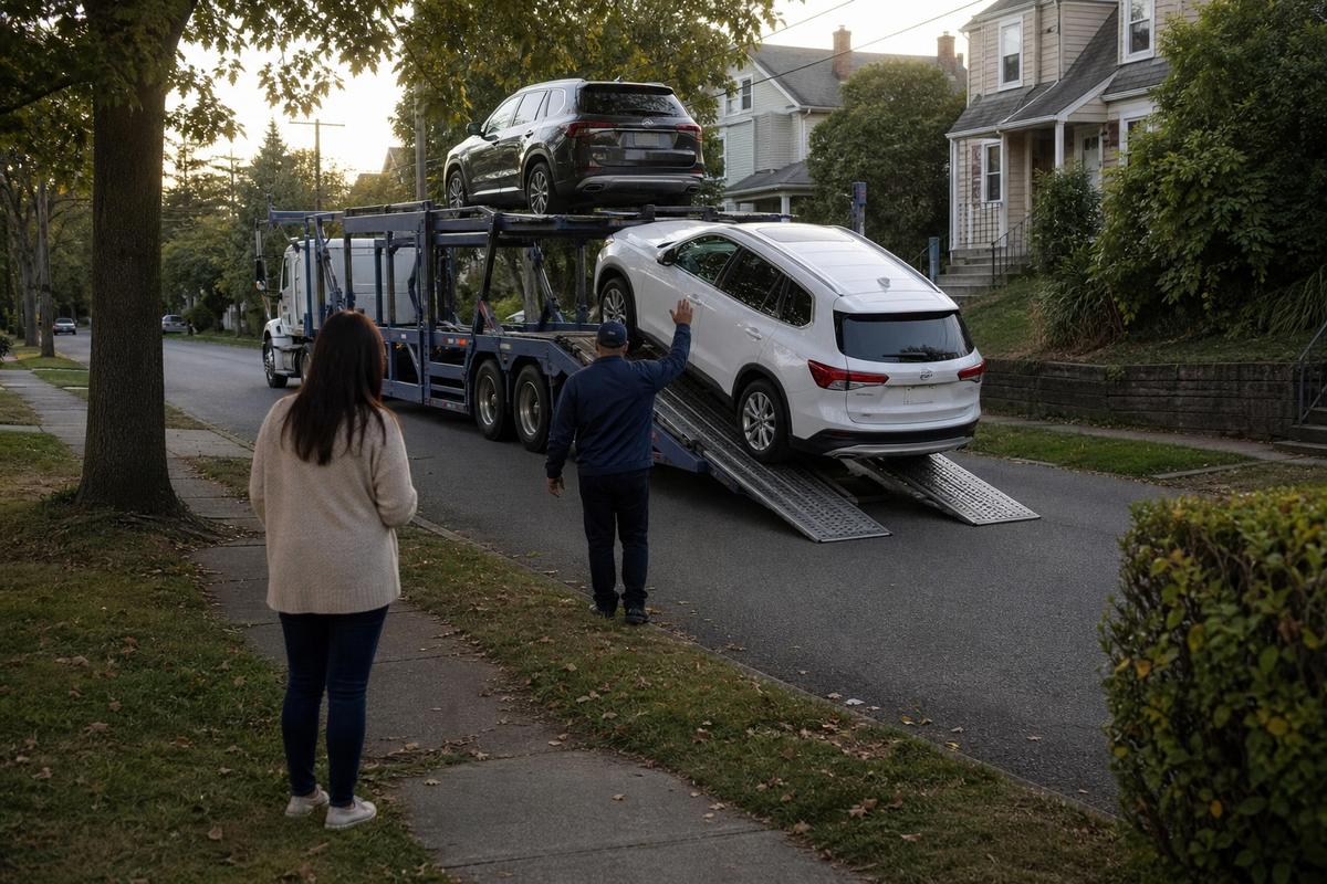 An SUV being driven down the ramps off an open carrier at delivery