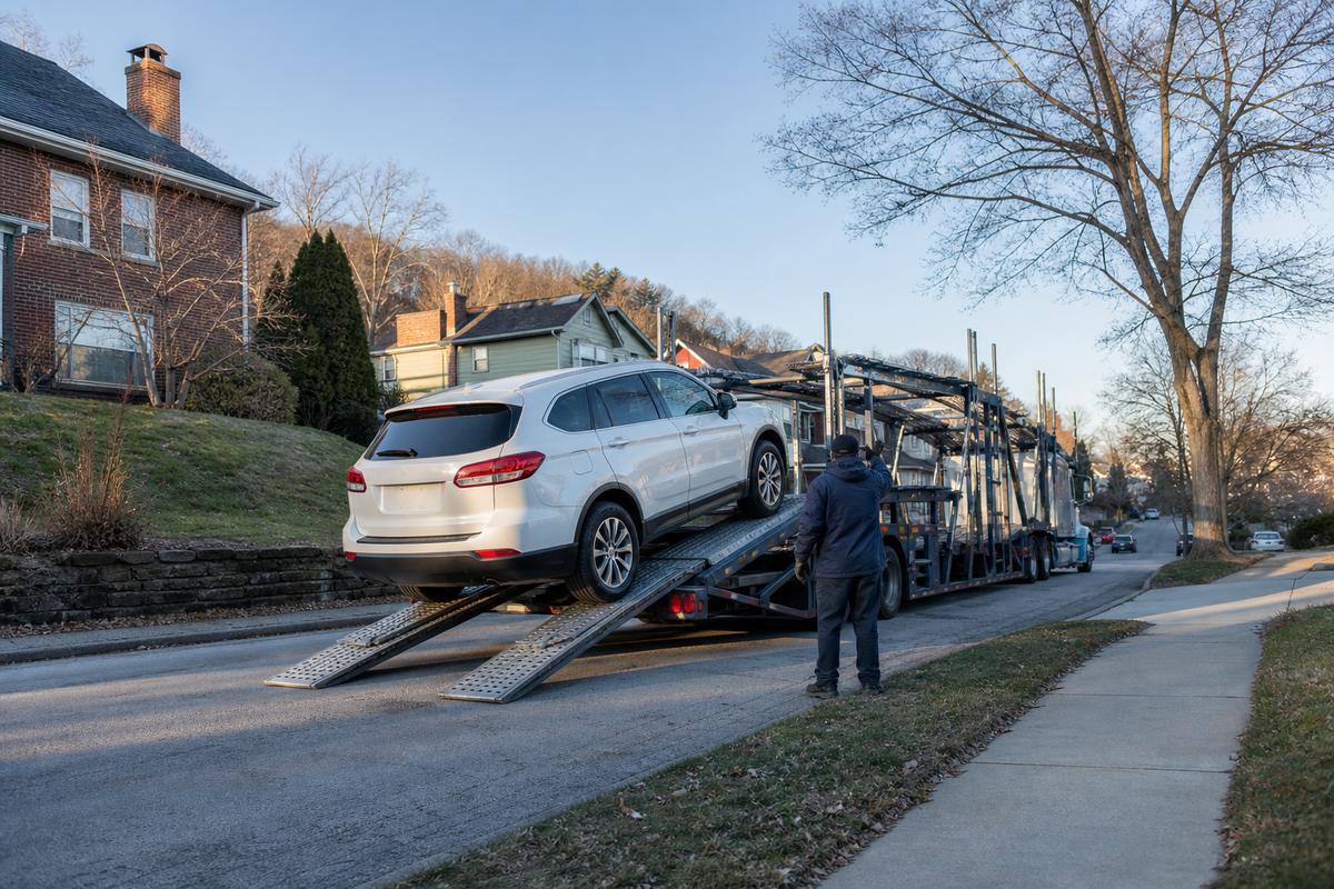 An SUV being driven up the ramps onto an open carrier at the curb
