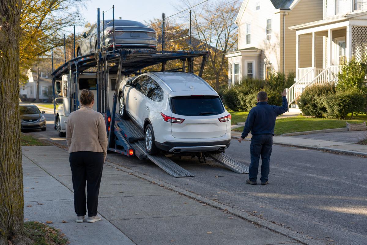 Car delivery in Providence An SUV being driven down the ramps off an open carrier at delivery