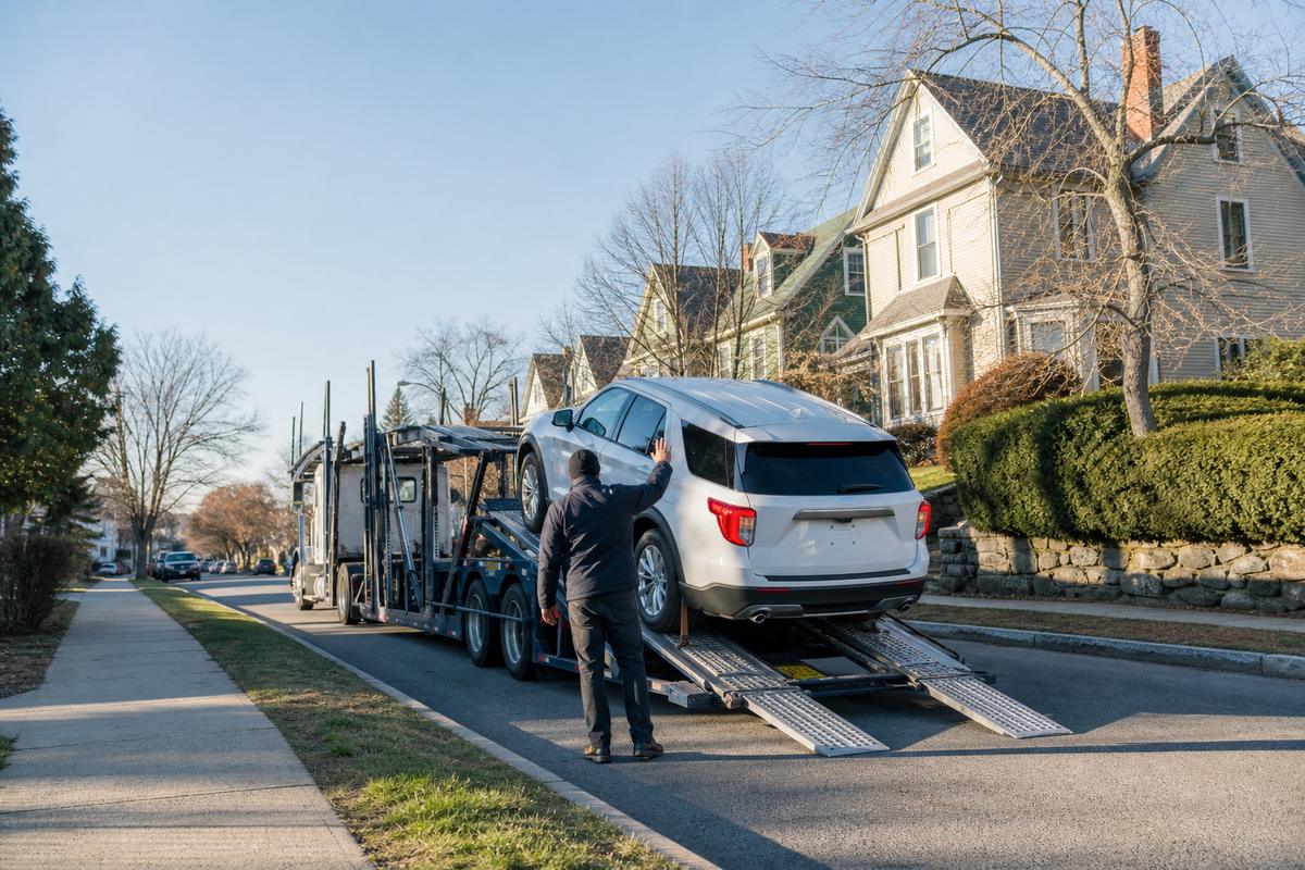 Car pickup in Providence An SUV being driven up the ramps onto an open carrier at the curb
