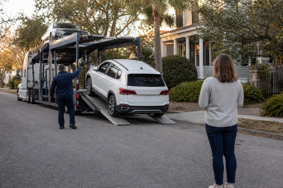 Car delivery in Charleston An SUV being driven down the ramps off an open carrier at delivery