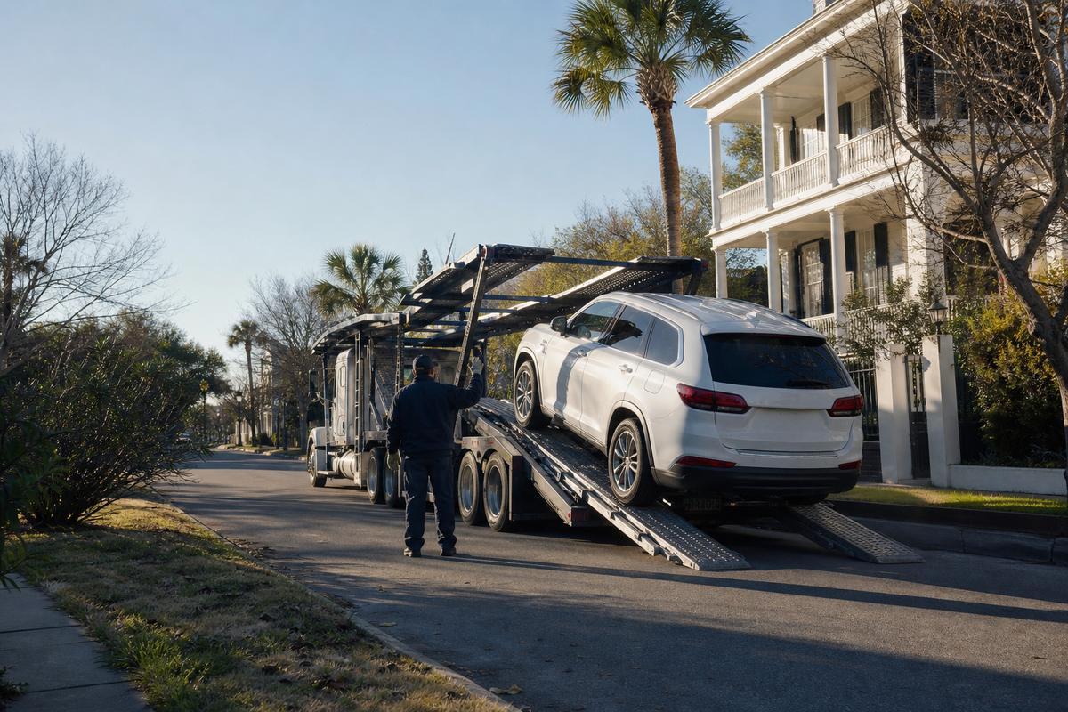 Car pickup in Charleston An SUV being driven up the ramps onto an open carrier at the curb