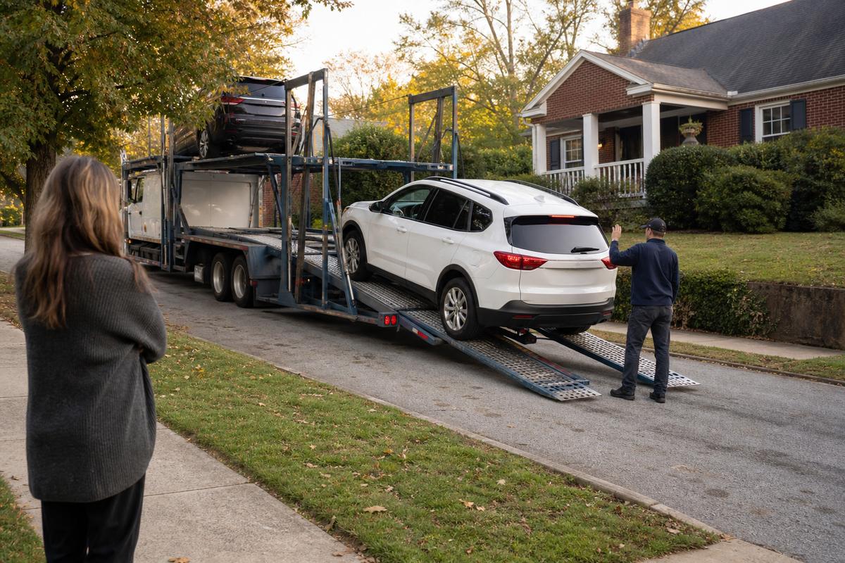 An SUV being driven down the ramps off an open carrier at delivery