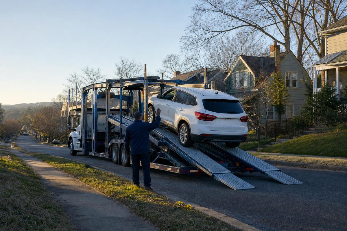 An SUV being driven up the ramps onto an open carrier at the curb