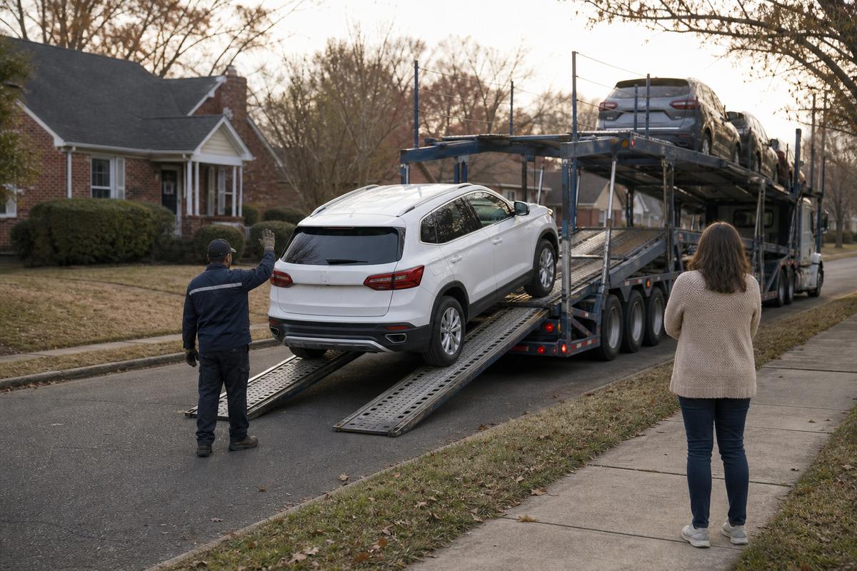 Car delivery in Memphis An SUV being driven down the ramps off an open carrier at delivery