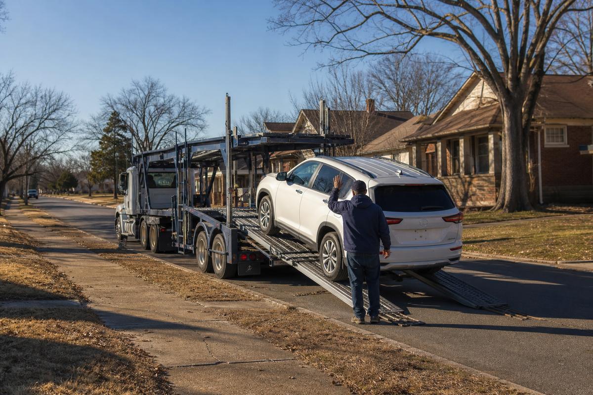 Car pickup in Memphis An SUV being driven up the ramps onto an open carrier at the curb