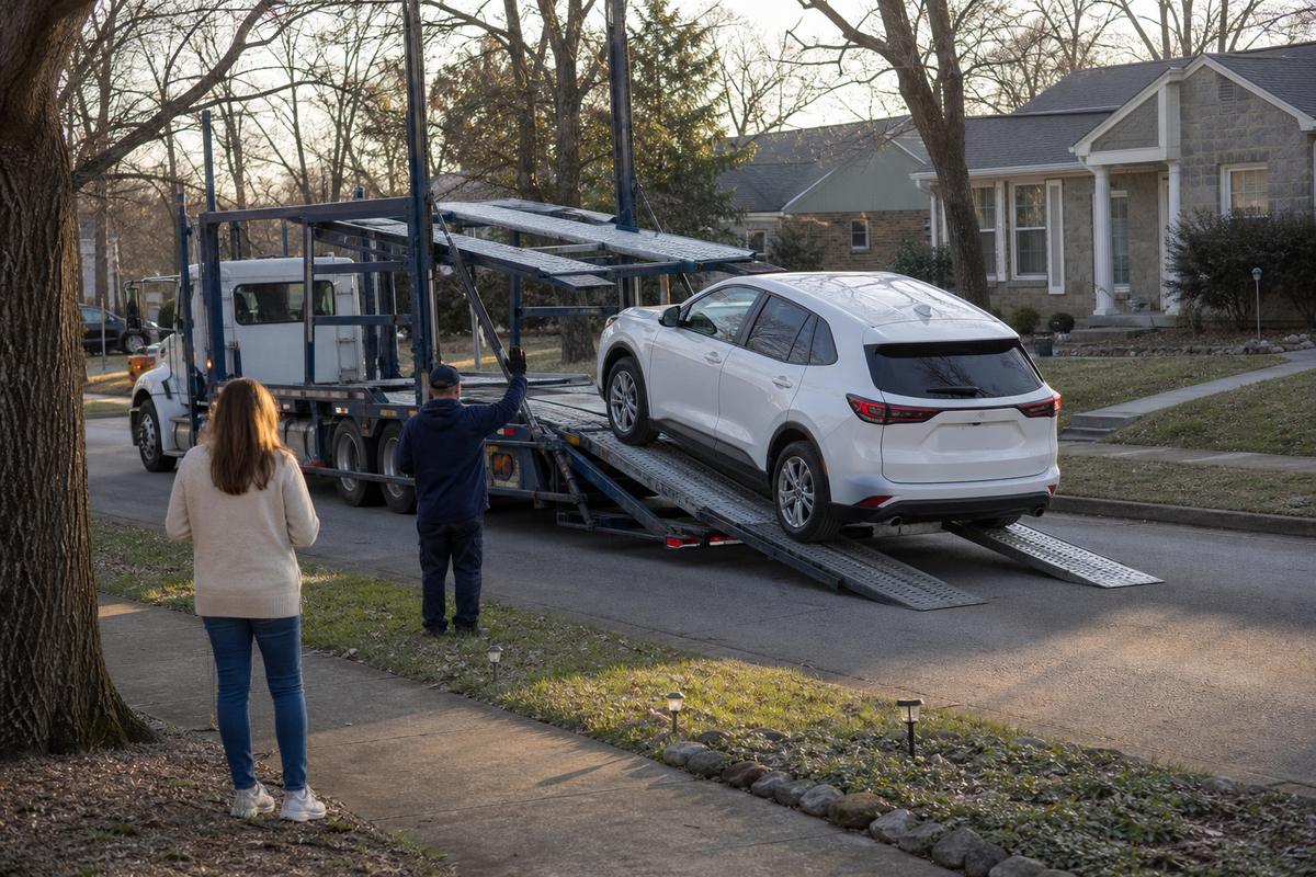 Car delivery in Nashville An SUV being driven down the ramps off an open carrier at delivery