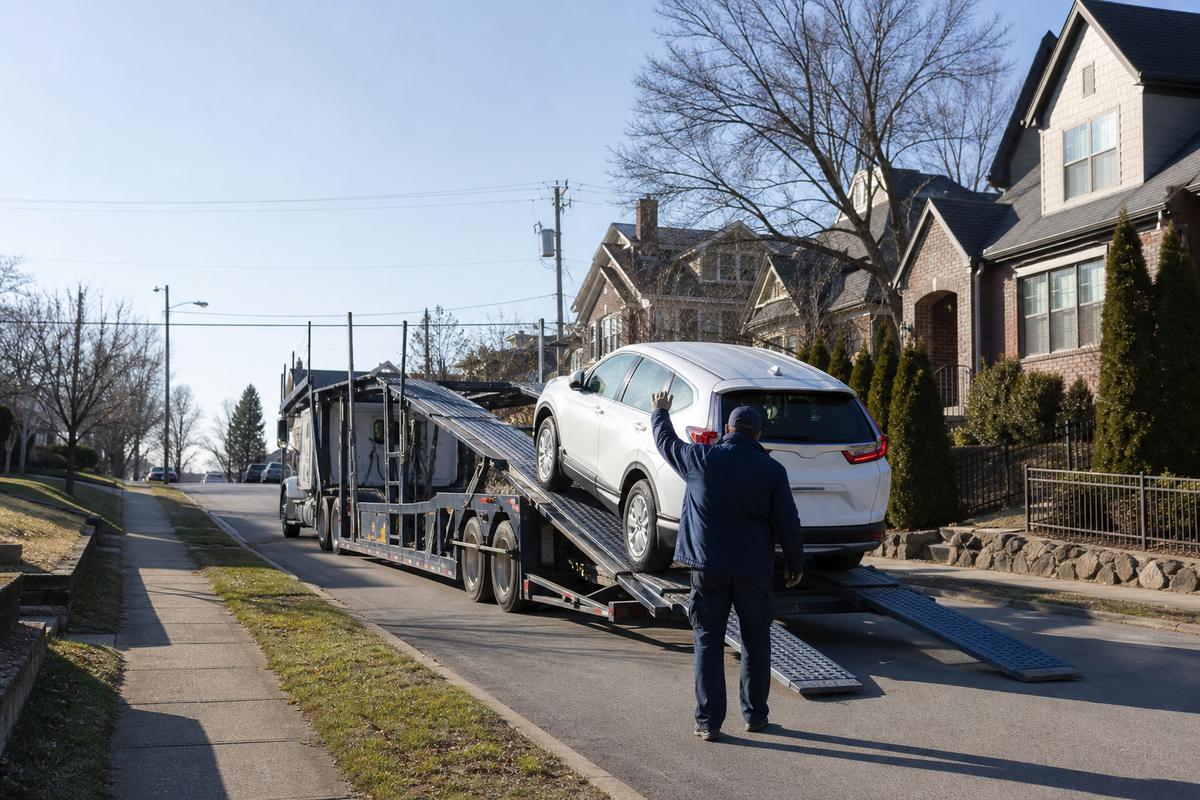 Car pickup in Nashville An SUV being driven up the ramps onto an open carrier at the curb