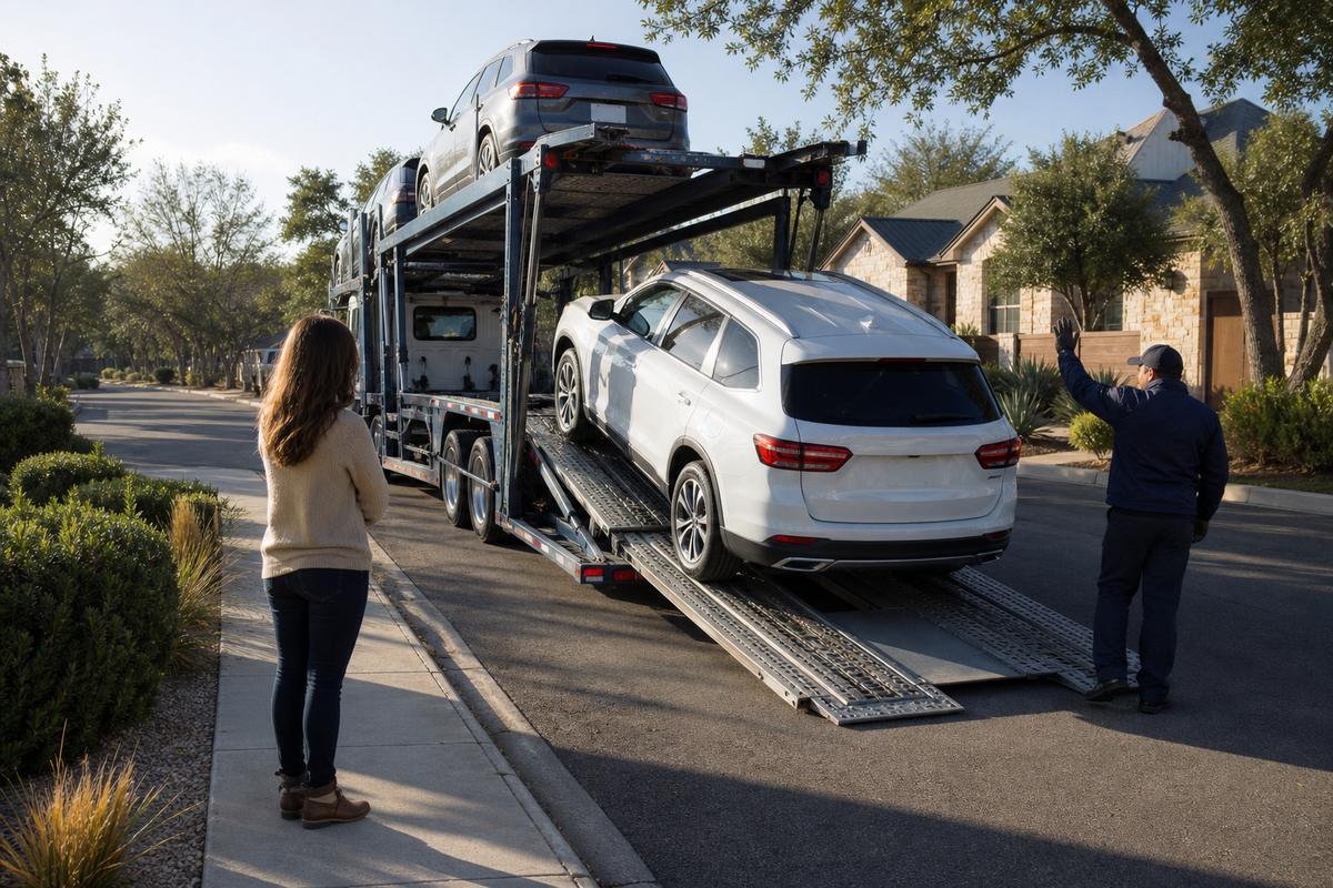 An SUV being driven down the ramps off an open carrier at delivery