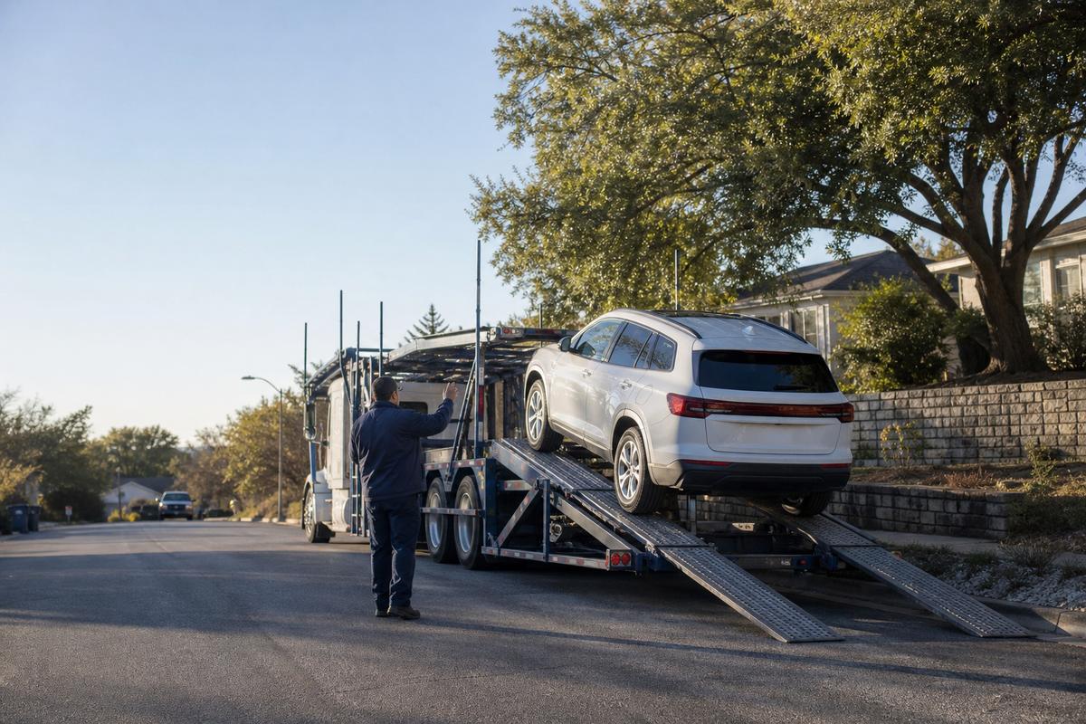 An SUV being driven up the ramps onto an open carrier at the curb