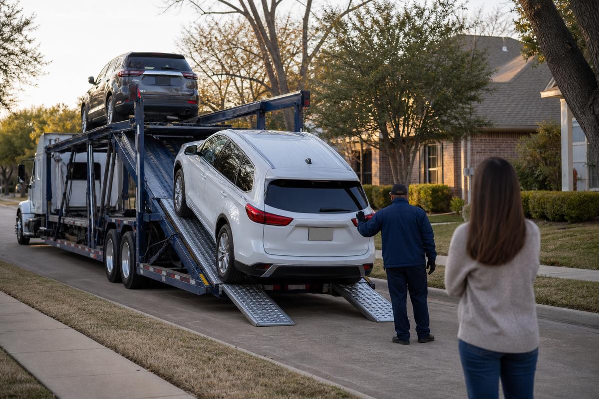 Car delivery in Dallas An SUV being driven down the ramps off an open carrier at delivery