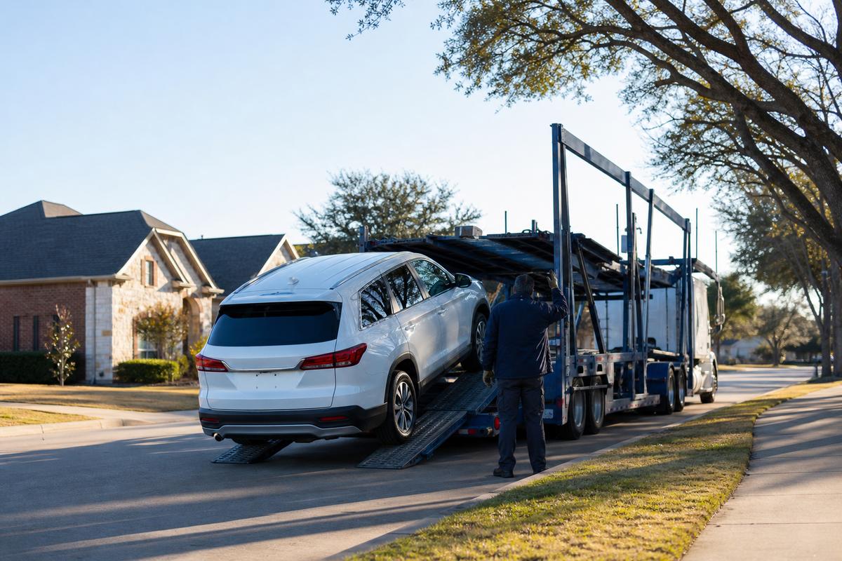 Car pickup in Dallas An SUV being driven up the ramps onto an open carrier at the curb