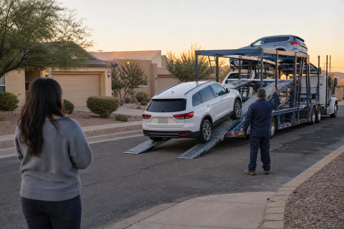 Car delivery in El Paso An SUV being driven down the ramps off an open carrier at delivery