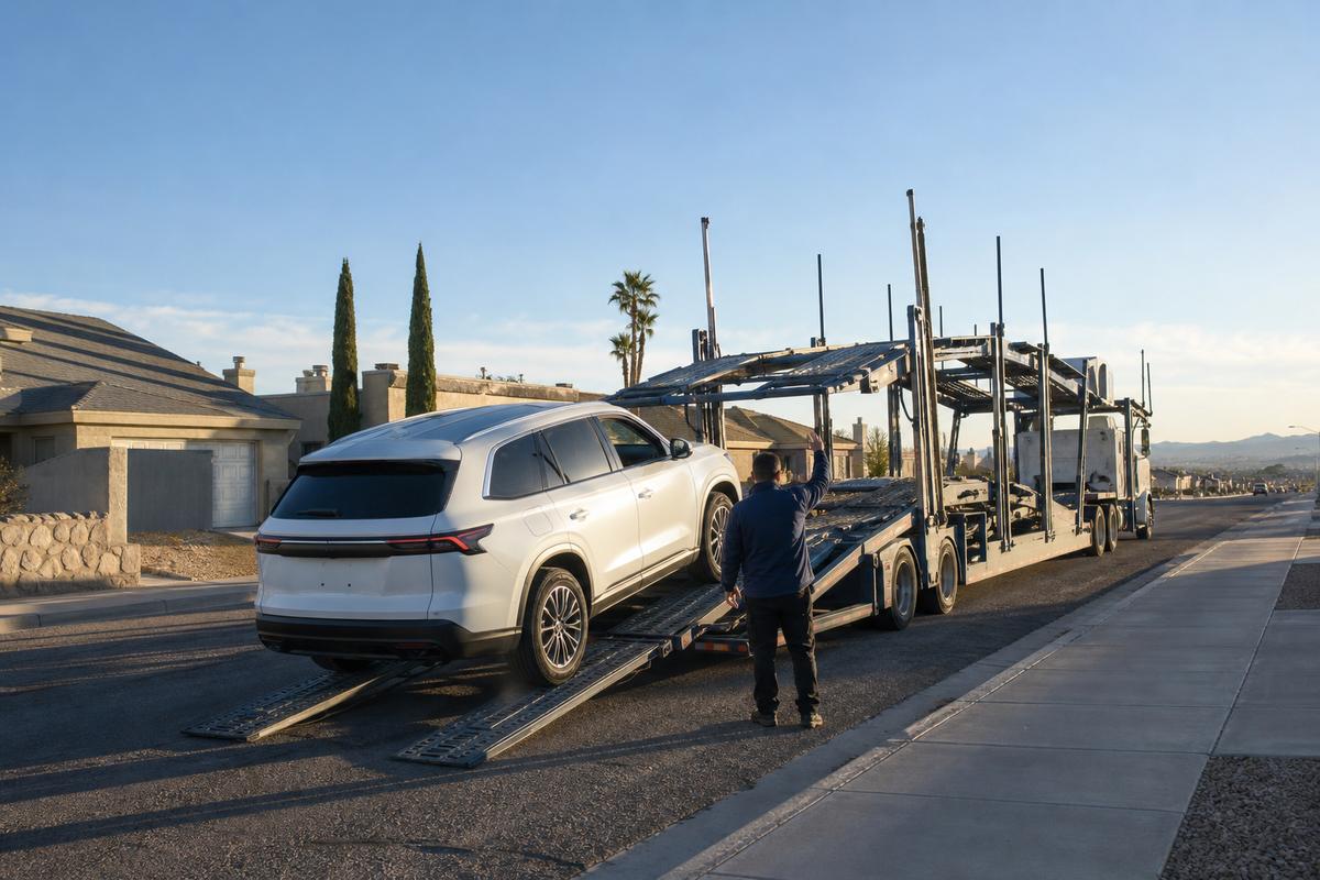 Car pickup in El Paso An SUV being driven up the ramps onto an open carrier at the curb