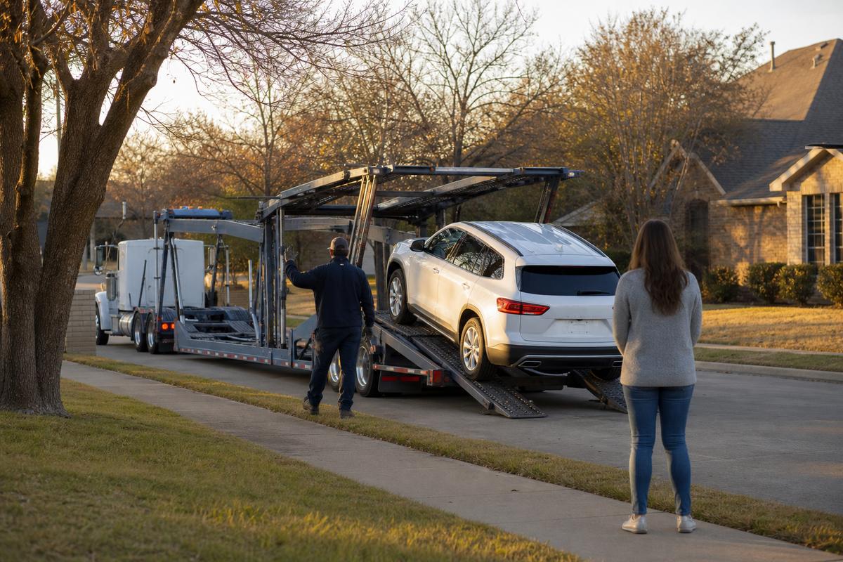 Car delivery in Fort Worth An SUV being driven down the ramps off an open carrier at delivery
