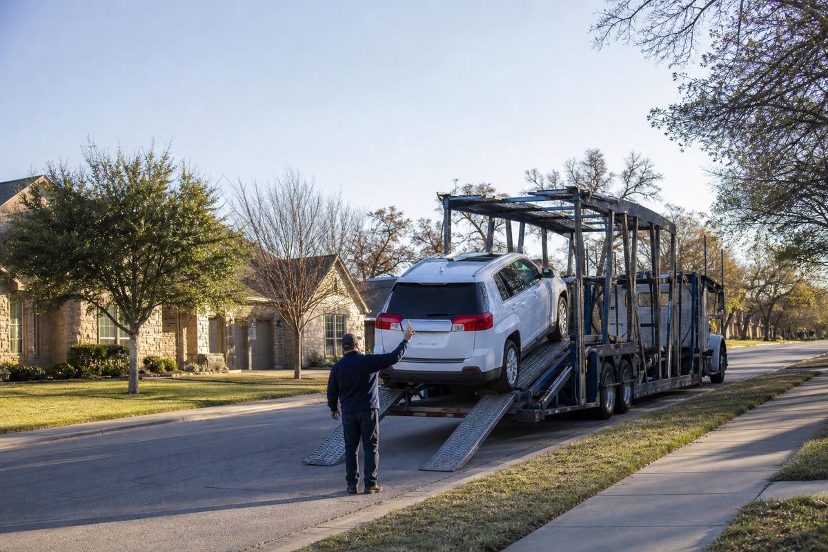 Car pickup in Fort Worth An SUV being driven up the ramps onto an open carrier at the curb