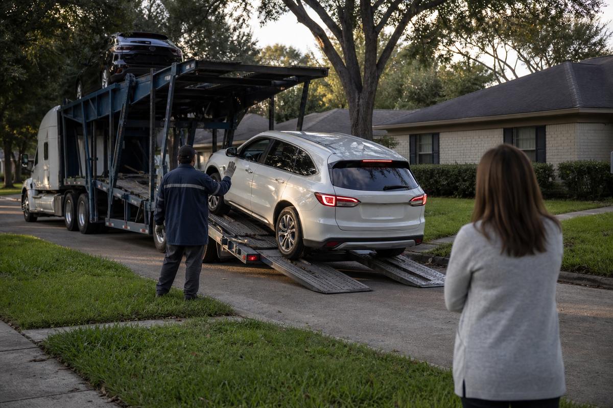 An SUV being driven down the ramps off an open carrier at delivery