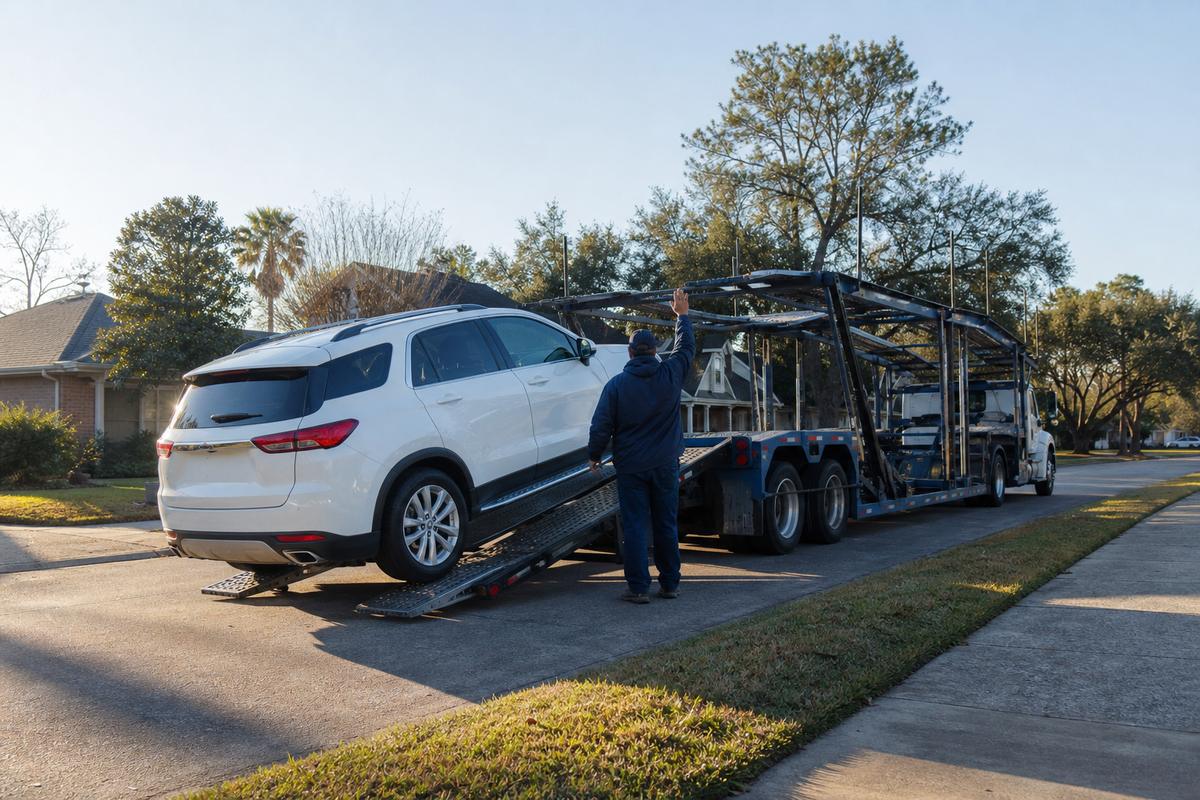 An SUV being driven up the ramps onto an open carrier at the curb