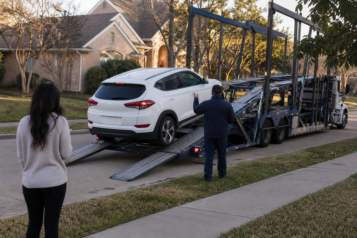 Car delivery in Irving An SUV being driven down the ramps off an open carrier at delivery
