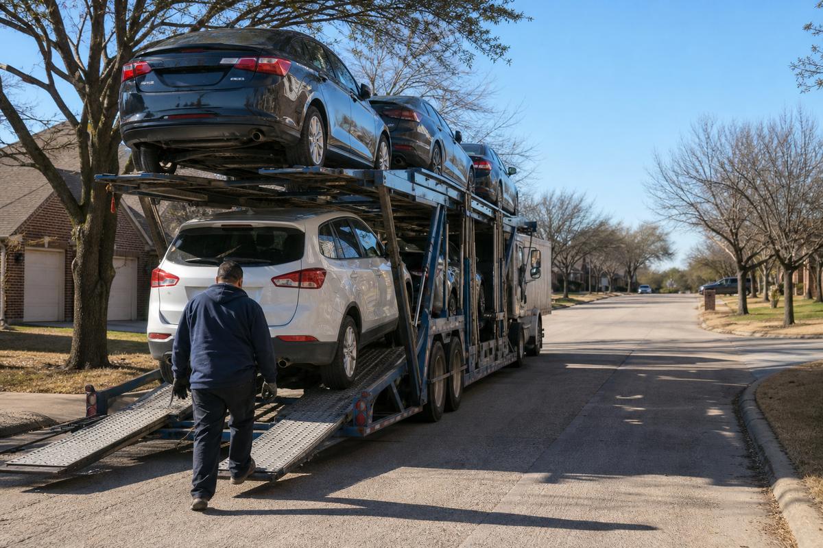 Car shipping in Irving An open auto carrier unloading on a residential street