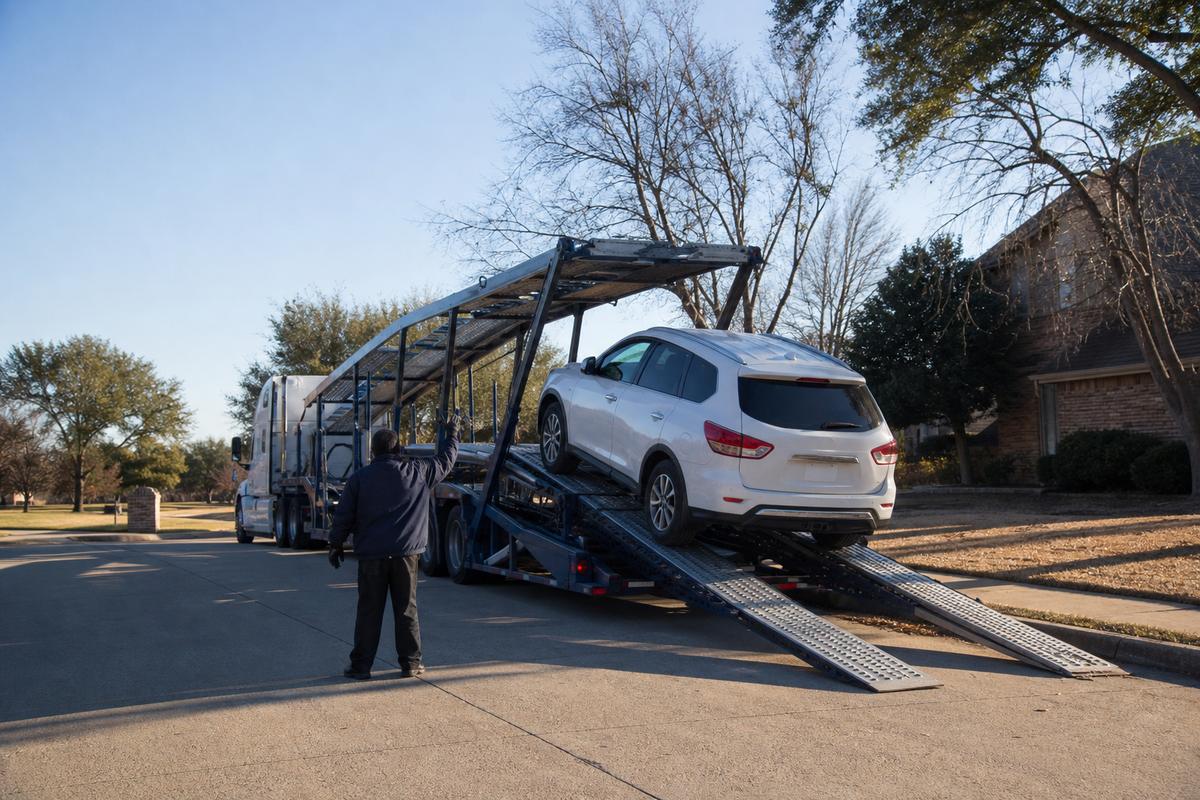 Car pickup in Irving An SUV being driven up the ramps onto an open carrier at the curb